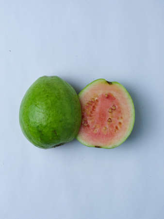Fresh guava fruit isolated on white background. Top view with copy space.の写真素材
