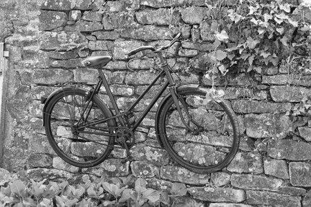 Bicycle hanging on a stone wall.の写真素材