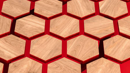 Table made of red epoxy resin with wooden hexagonal elements. 3D renderingの写真素材