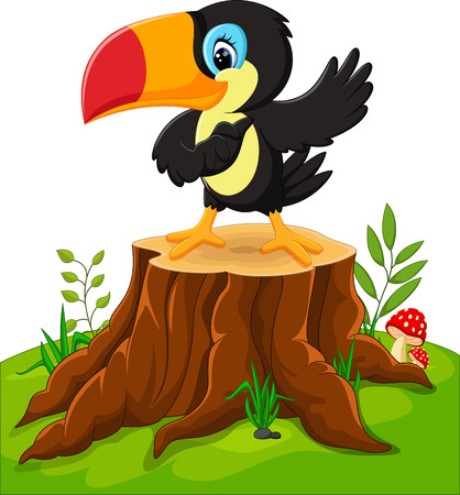 Cartoon happy toucan on tree stumpのイラスト素材