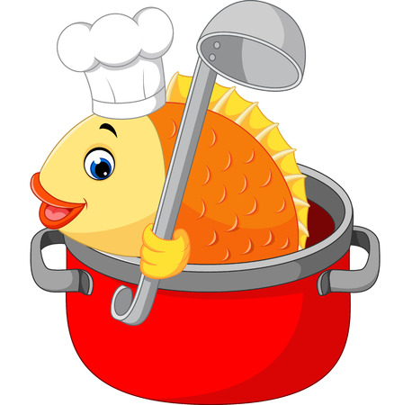 Cartoon funny fish being cooked in a panのイラスト素材