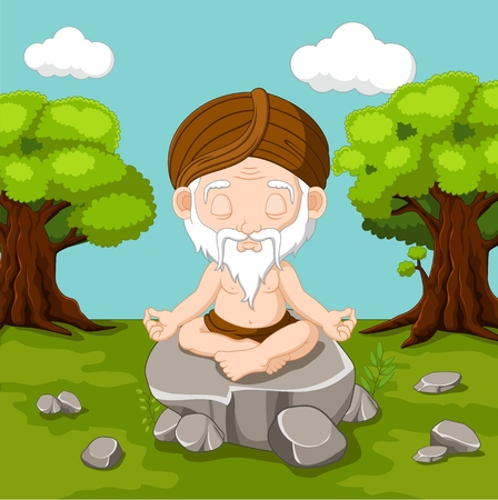 Meditation old man sitting in lotus positionのイラスト素材