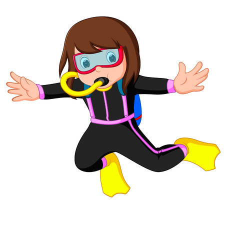 A cartoon illustration of a scuba diver girlのイラスト素材