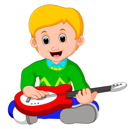 Little boy cartoon playing guitarのイラスト素材