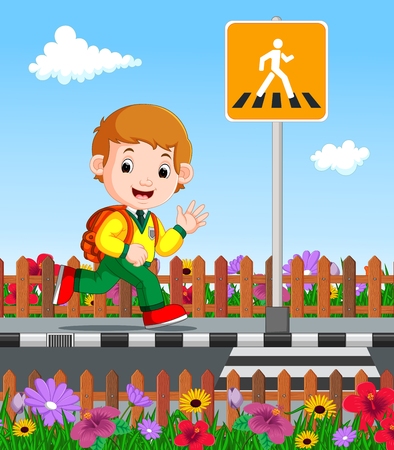 cute boy on his way to schoolのイラスト素材
