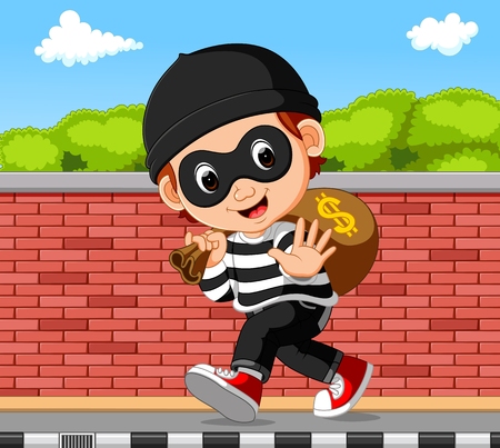 Thief cartoon carrying bag of money with a dollar signのイラスト素材