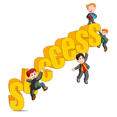 Success in business concept happy man standing on top of the word successのイラスト素材