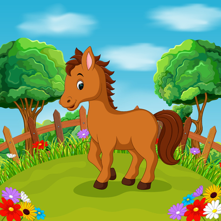 Cartoon happy horse smile in the farmのイラスト素材