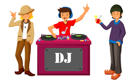 Young DJ mixing music on turntables on the stage of nightclub flat design.のイラスト素材