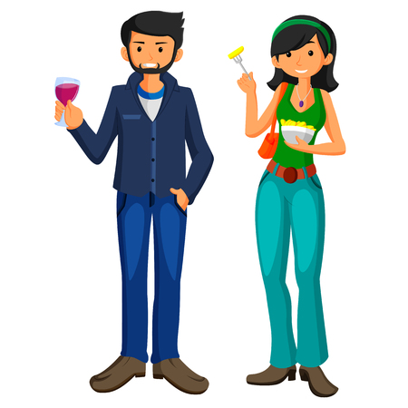 Young man and girl eat fast food in flat design.のイラスト素材