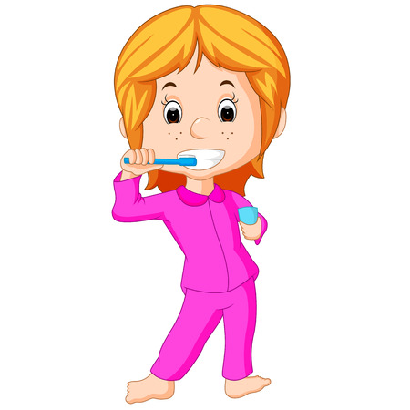 Happy cute girl brushing teethの写真素材