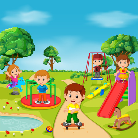 Kids playing outdoor in parkのイラスト素材