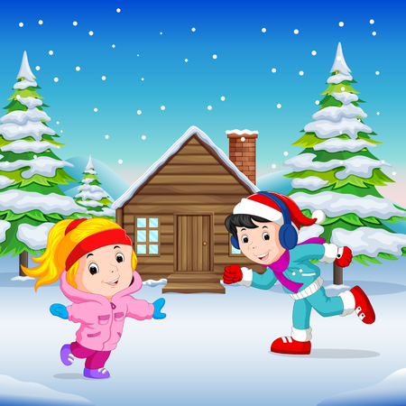 In the winter, kids play in the snow very joyfullyのイラスト素材
