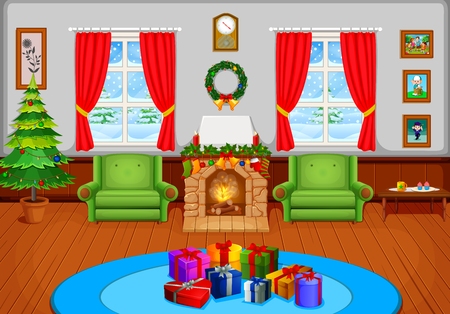 Christmas living room with a tree and fireplaceのイラスト素材