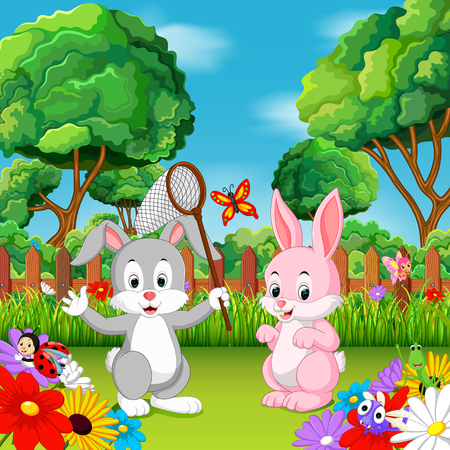 Cartoon rabbit couples with butterflyのイラスト素材