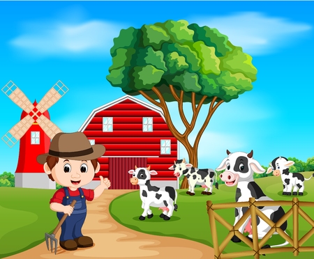 Farm scenes with many animals and farmers illustration.のイラスト素材