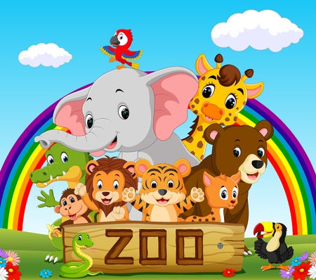 Collection of zoo animals with guideのイラスト素材