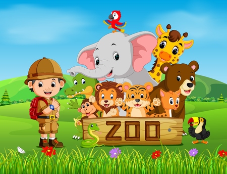 Collection of zoo animals with guide, vector illustration.のイラスト素材