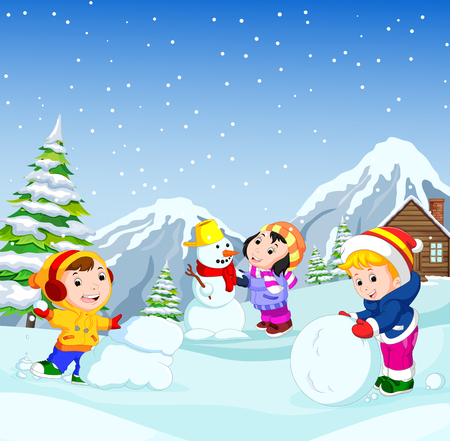 In the winter kids play in the snow very joyfullyのイラスト素材