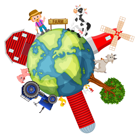 Farmer standing around the world Vector illustration.のイラスト素材