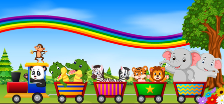 wild animals on the train with rainbow illustrationのイラスト素材