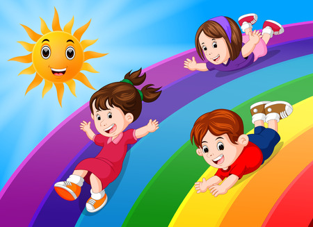 kids sliding on rainbow in skyのイラスト素材