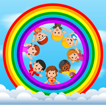 Happy children playing on the skiesのイラスト素材