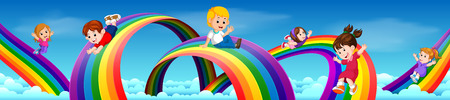 Cartoon kids sliding down the rainbowのイラスト素材