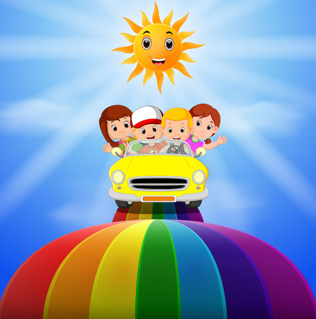 the kids riding on a vehicle passing through the rainbowのイラスト素材