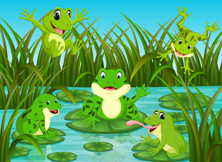 many frogs on leaf with river sceneのイラスト素材