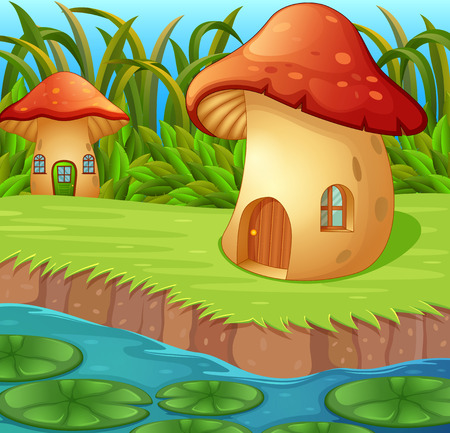 a waterlily in front of a mushroom house in beautiful natureのイラスト素材