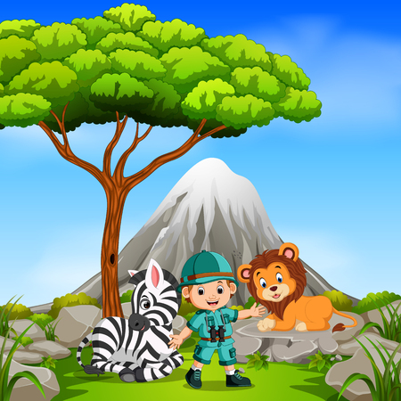 adventurer and wild animal posing with mountain sceneのイラスト素材