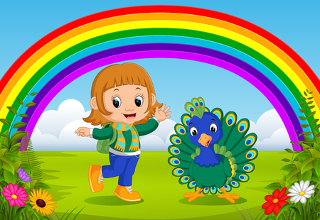 cute girl and peacock at park with rainbow sceneのイラスト素材