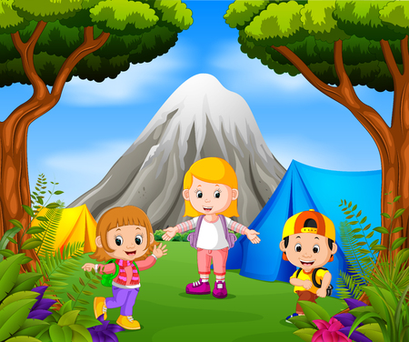 Children camping out in the park with mountain sceneのイラスト素材