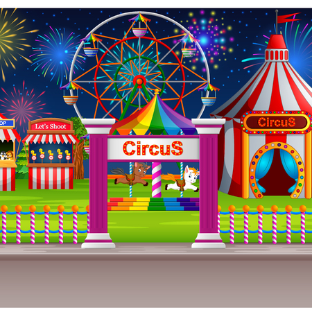 Amusement park scene with circus tent and firework illustration.のイラスト素材