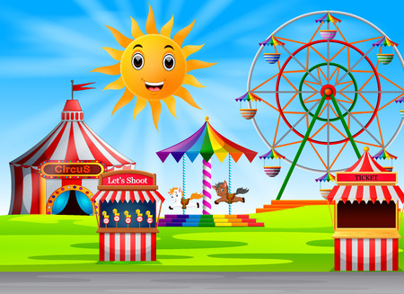 Amusement park scene at daytime with cute sunの写真素材