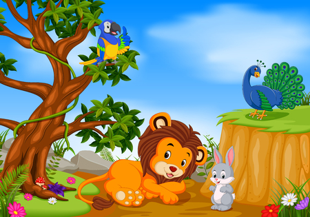 Lion with mountain cliff sceneのイラスト素材