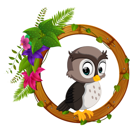 owl on round wood frameの写真素材