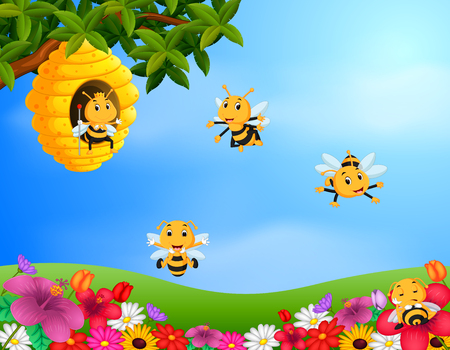 Illustration of bee flying around a beehive in the gardenのイラスト素材