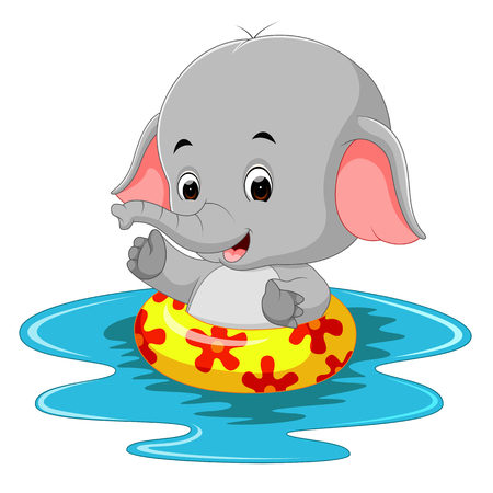 Funny elephant swimming using ringballのイラスト素材