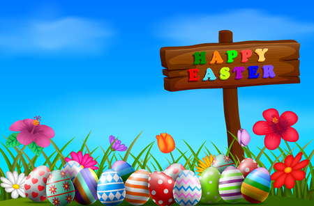 Easter eggs in garden Vector illustration.のイラスト素材