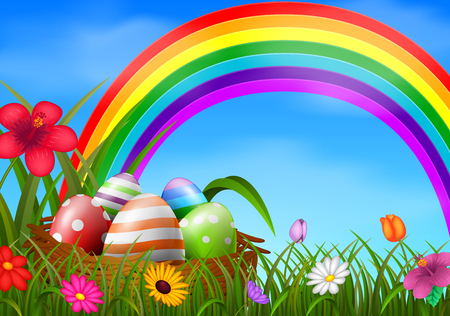 Easter eggs and colorful rainbow in the basket Vector illustration.のイラスト素材