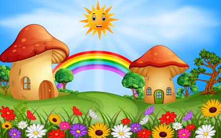 Mushroom house in the field Vector illustration.のイラスト素材
