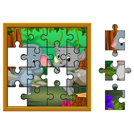 Jigsaw Puzzle Education Game with elephant and rhino in the jungleのイラスト素材