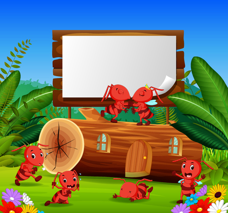 ants and beautiful wooden house with a wooden signのイラスト素材