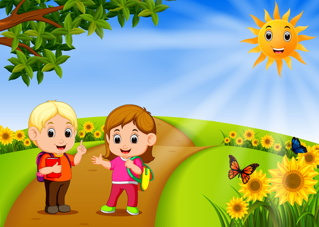 kids go to school with scenery beautiful gardenのイラスト素材