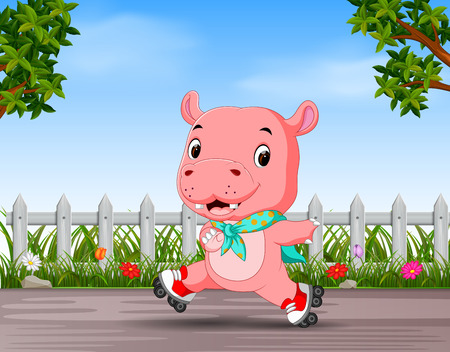 funny hippo playing roller skate in the roadのイラスト素材
