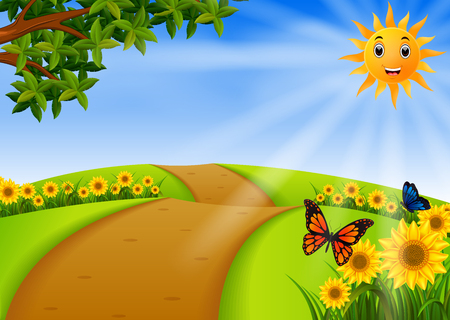 scenery garden with sunflowerのイラスト素材