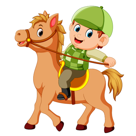 Little boy riding a pony horseの写真素材