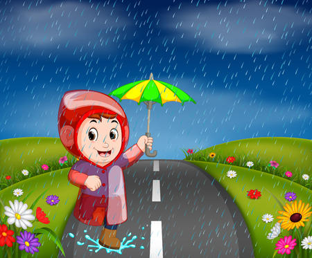 boys in raincoat running on roadのイラスト素材